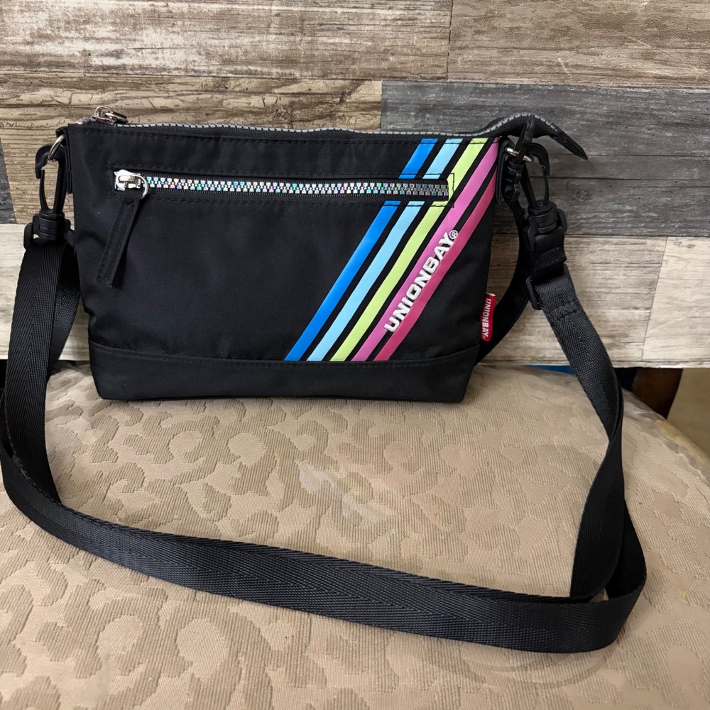 Unionbay Black Nylon Crossbody Bag Rainbow Stripe Retro Small crossbody Bag